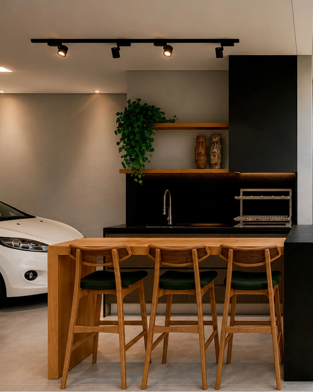 Área gourmet com bancada em madeira